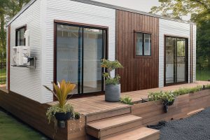 Modern tiny home with timber cladding and elevated deck in a natural Australian landscape