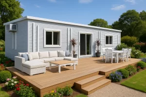 12m modern tiny home with white siding, wood deck, outdoor sofa, dining set, and garden landscaping.