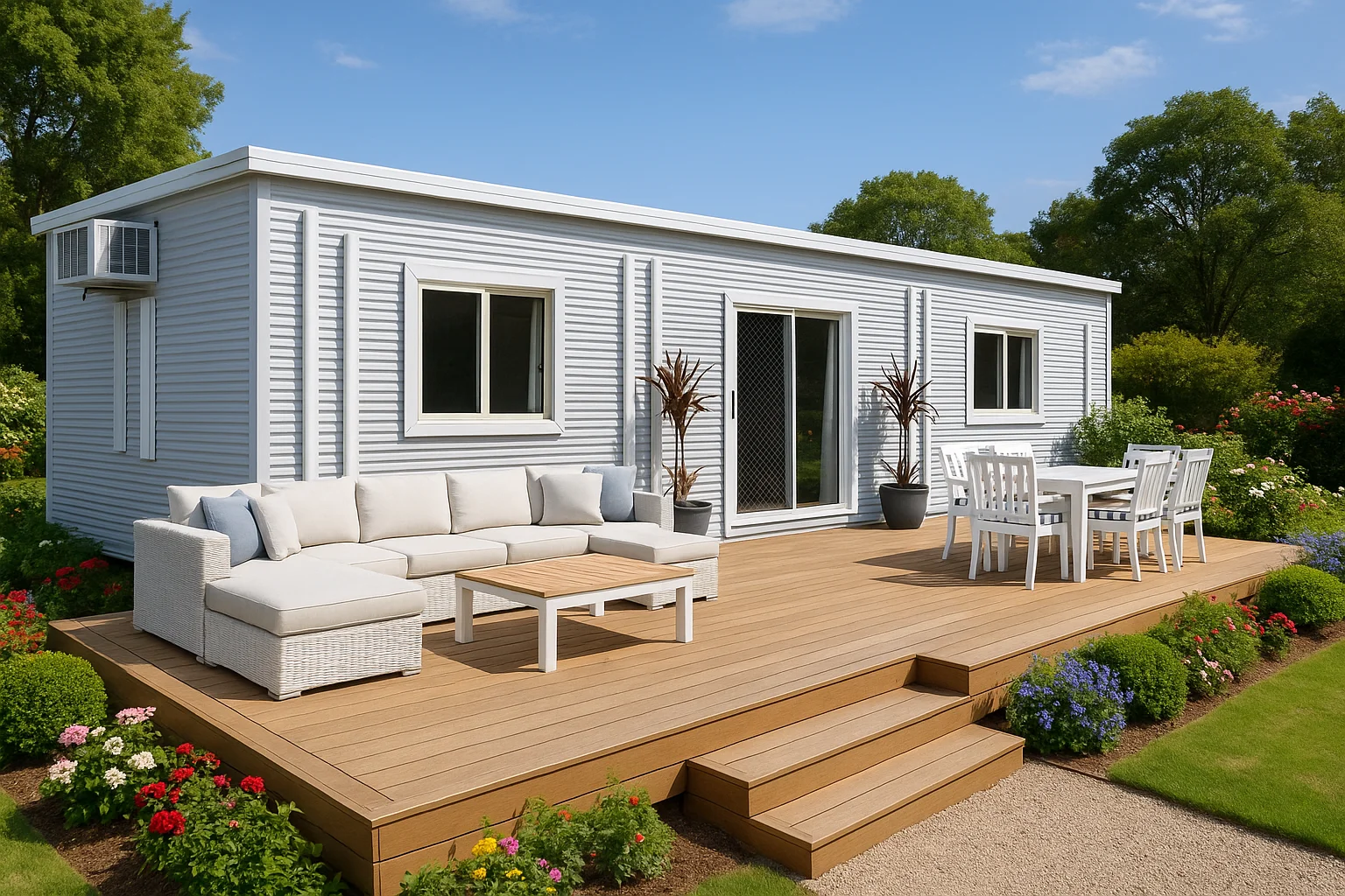 12m modern tiny home with white siding, wood deck, outdoor sofa, dining set, and garden landscaping.