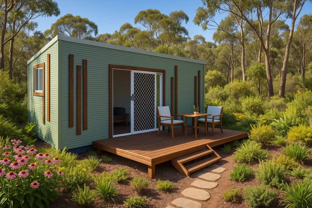 6m compact modern tiny home with green siding, wood deck, outdoor chairs, and garden setting.