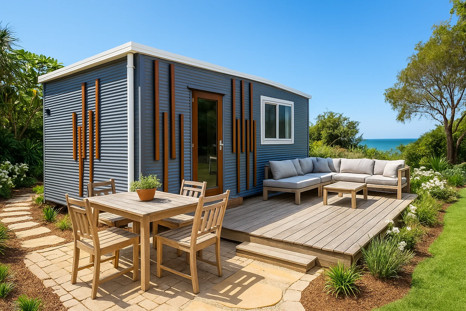 8m modern tiny home with blue siding, wood deck, outdoor seating, dining table, and ocean view.