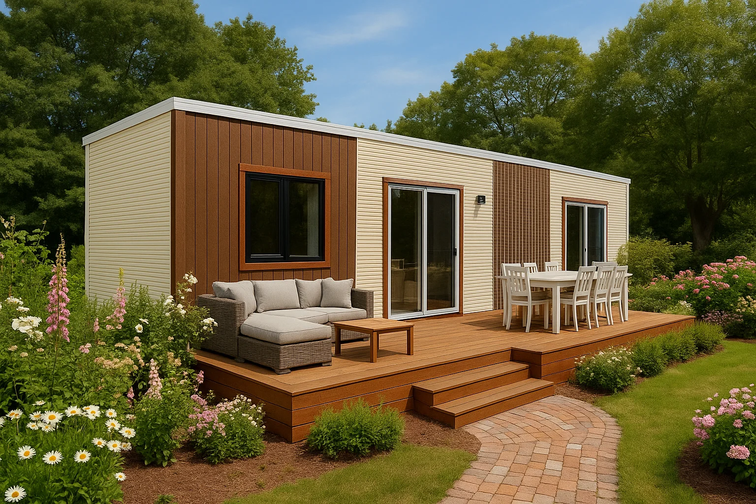 9.6m modern tiny home with two-tone siding, wood deck, outdoor sofa, dining set, and garden flowers