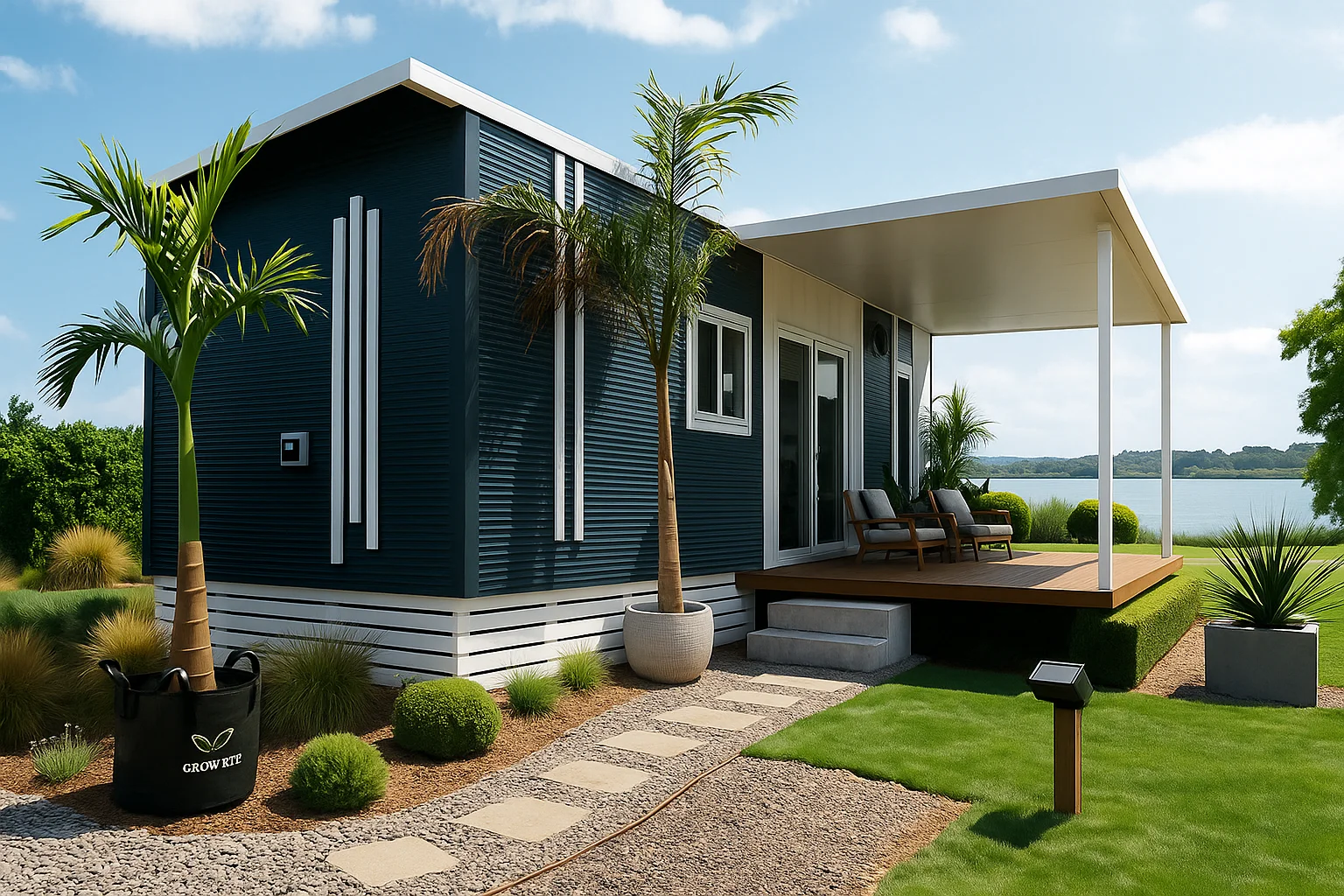 Modern tiny home with dark siding, covered porch, outdoor seating, palm trees, and lake view.