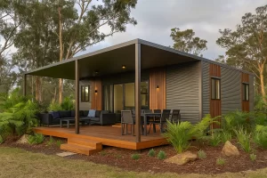 Modern tiny home with wood and metal siding, covered deck, outdoor seating, dining set, and garden view.