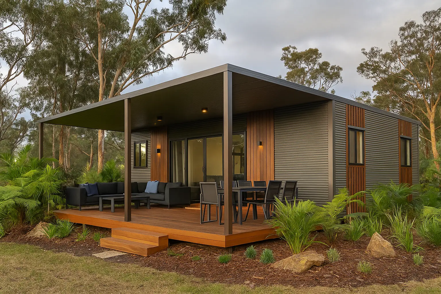Modern tiny home with wood and metal siding, covered deck, outdoor seating, dining set, and garden view.