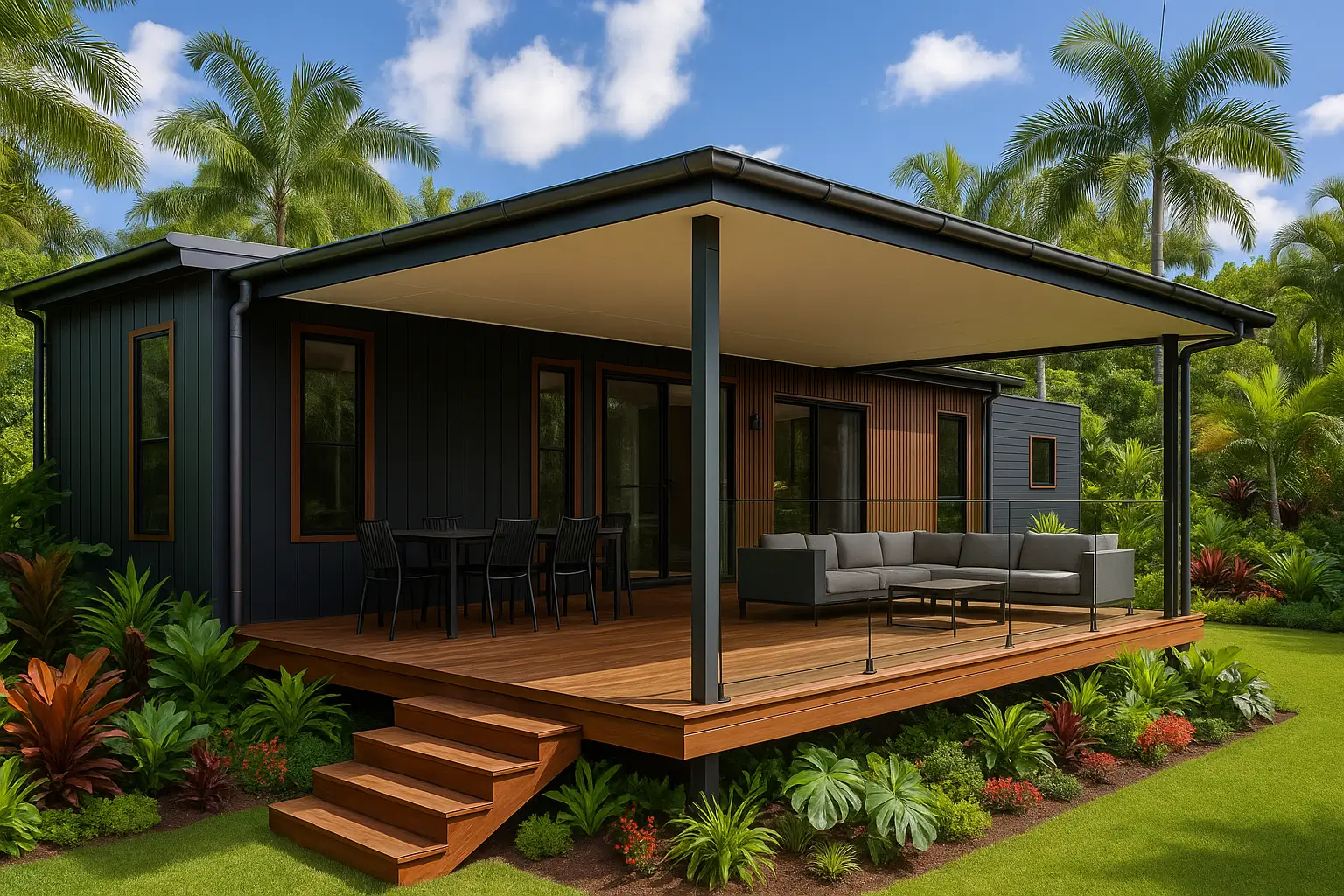 Modern tiny home with dark siding, covered deck, outdoor sofa, dining area, and tropical landscaping.