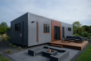 Modern tiny home with grey metal siding, wood accents, outdoor deck, and firepit seating area.