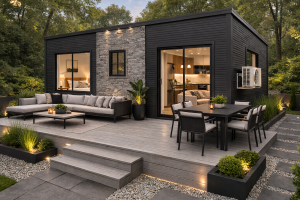 Modern tiny house with evening ambiance